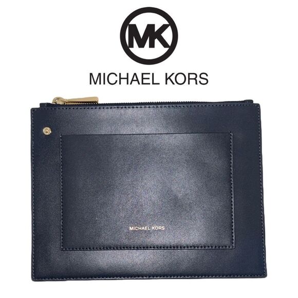 Michael Kors Cary Leather Zipper Pouch - Navy Blue - Picture 1 of 3